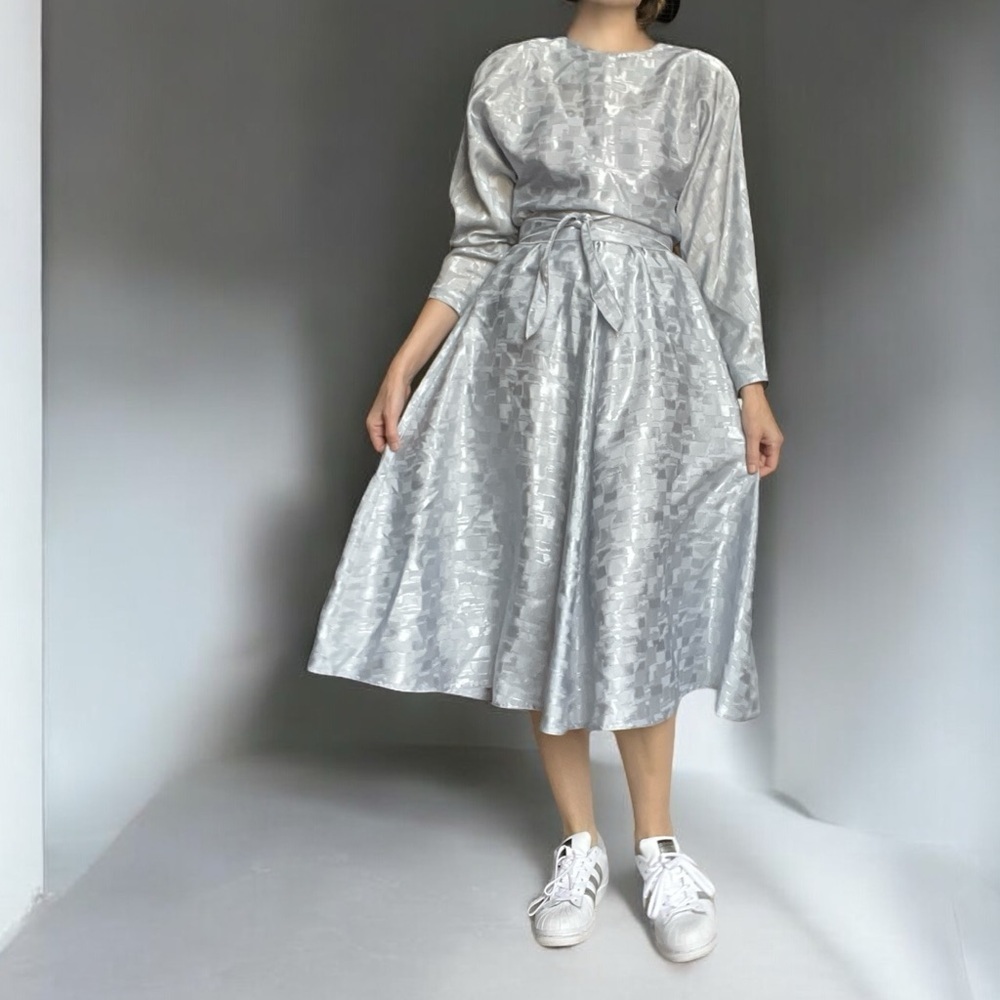 Vintage 80s Leslie Fay Jacquard Metallic Midi Dress Small - Picture 2 of 16